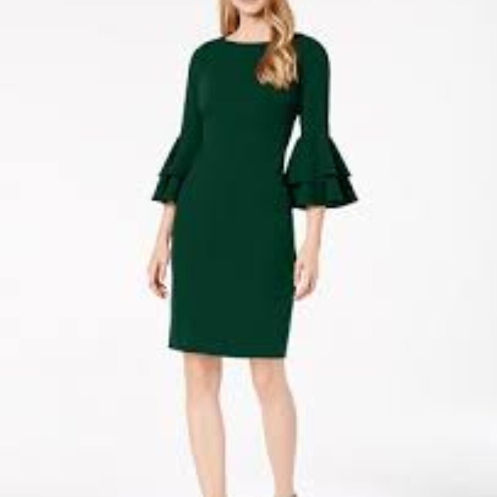 Calvin Klein Forest Green sheath dress with flutter sleeves. Size 12.